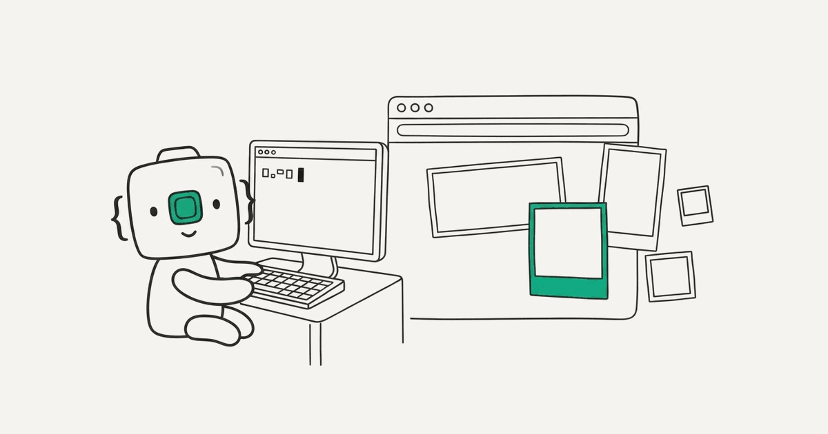 Line illustration of the RenderScreenshot mascot typing at a terminal while a browser produces several snapshots of different sizes