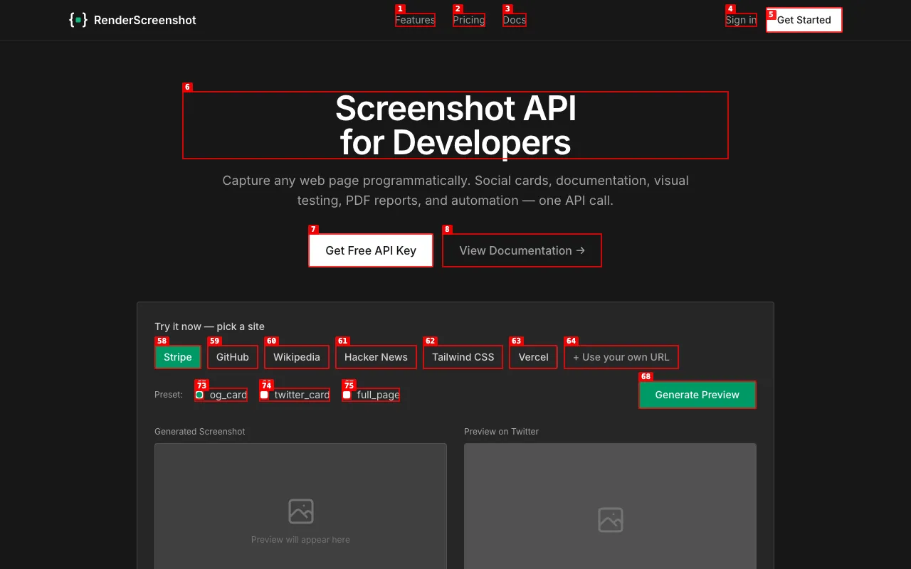 The homepage with red boxes and numbered labels on every interactive element, such as 1 on Features, 7 on Get Free API Key and 68 on Generate Preview