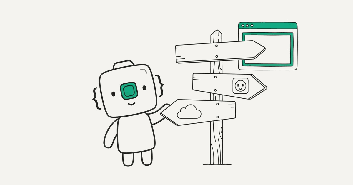 Line illustration of the RenderScreenshot mascot at a signpost choosing between a browser, a plug and a cloud