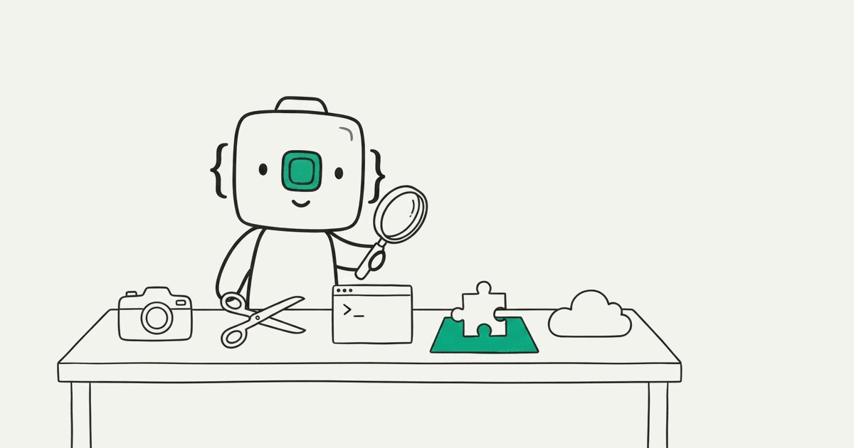 Line illustration of the RenderScreenshot mascot comparing five screenshot tools laid out on a workbench