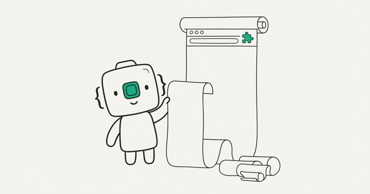 Line illustration of the RenderScreenshot mascot holding a tall unrolled web page with a browser extension icon on top