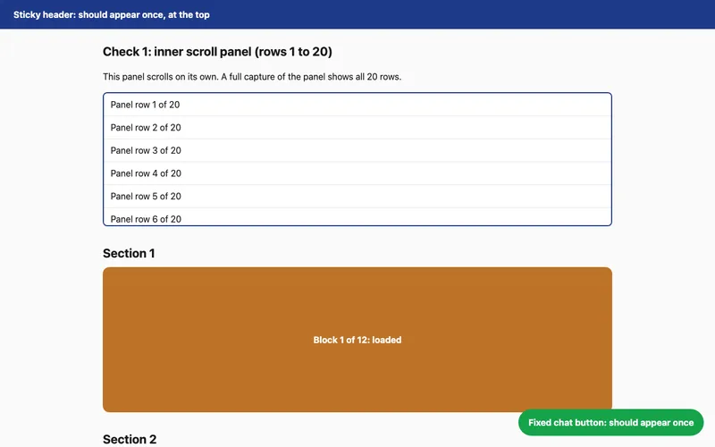 Top of the test page capture: the bordered inner panel shows rows 1 to 6 of 20, the rest is hidden inside the panel