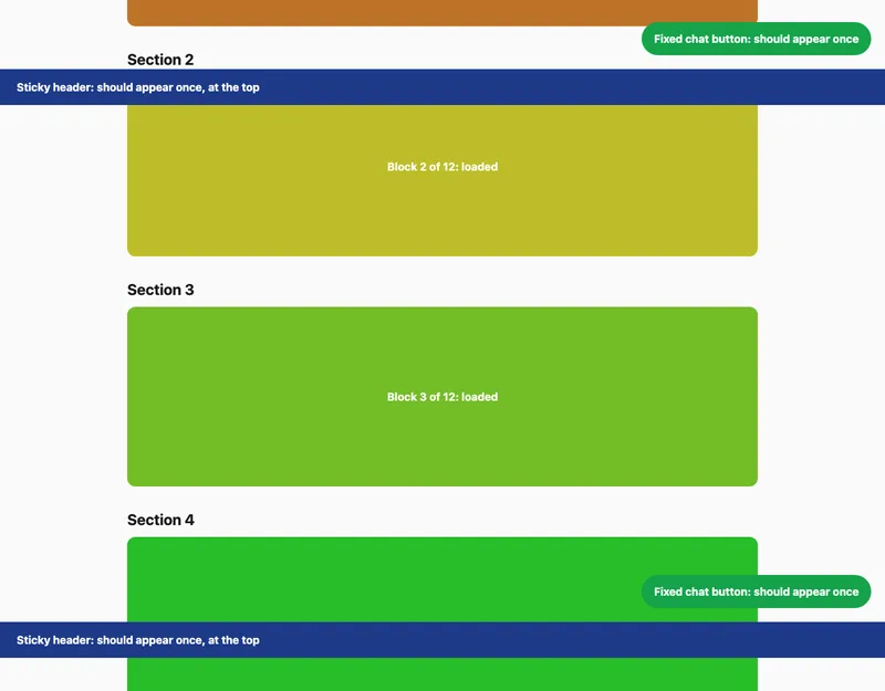 A section of the stitched capture where the sticky blue header bar and the green chat button appear in the middle of the page, covering part of a coloured block