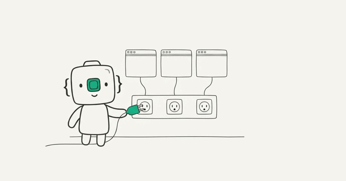 Line illustration of the RenderScreenshot mascot plugging a cable into sockets that connect to browser windows