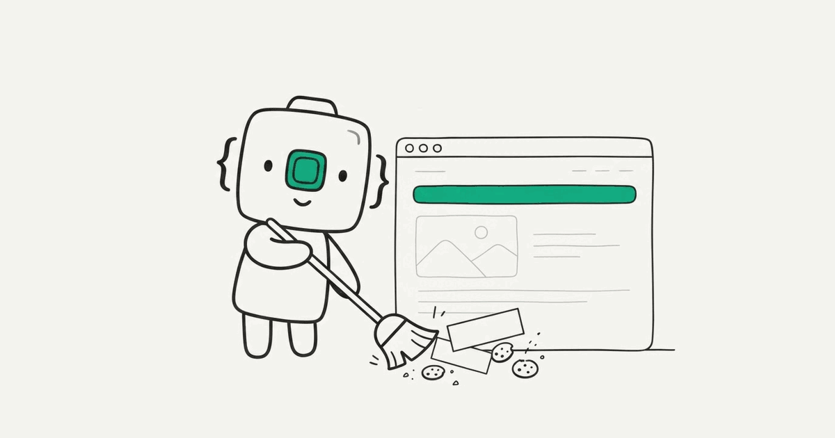 Line illustration of the RenderScreenshot mascot sweeping cookie banners and pop-ups away from a browser window