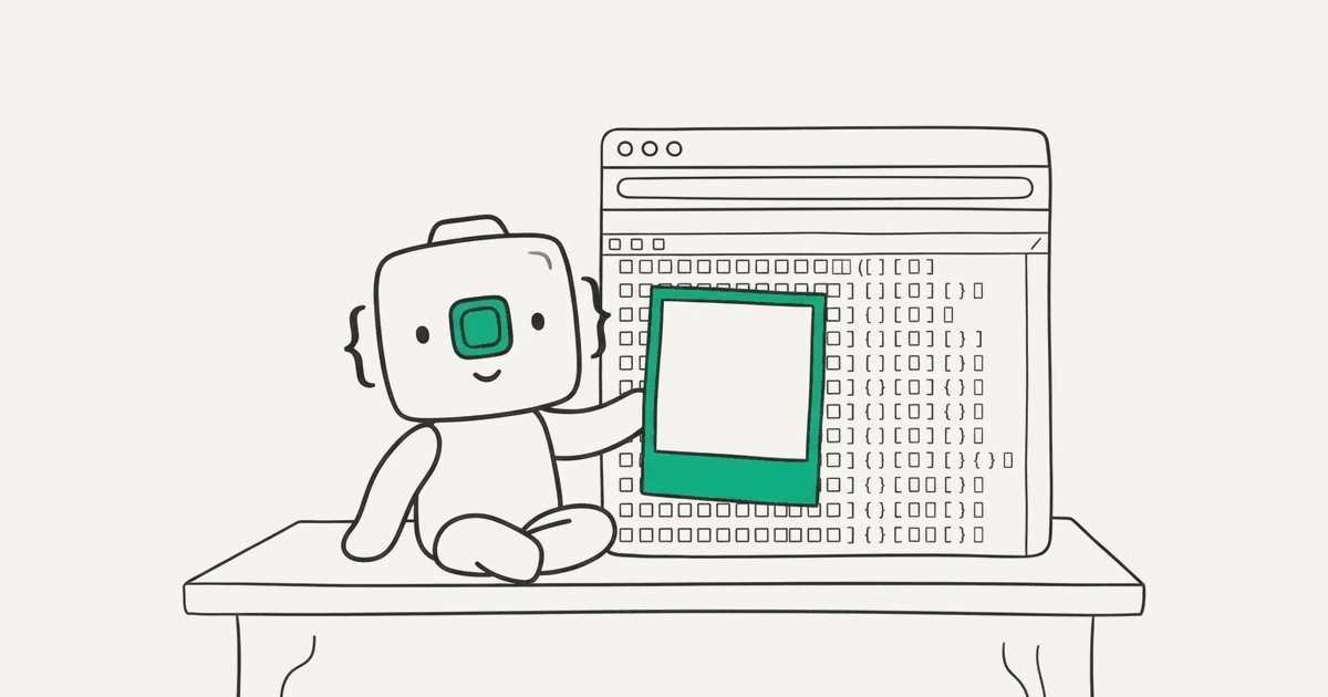 Line illustration of the RenderScreenshot mascot taking a snapshot from a browser developer tools panel