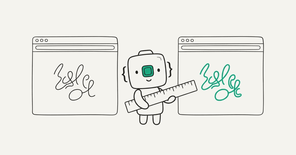 Line illustration of the RenderScreenshot mascot measuring the same font shapes in two browser windows