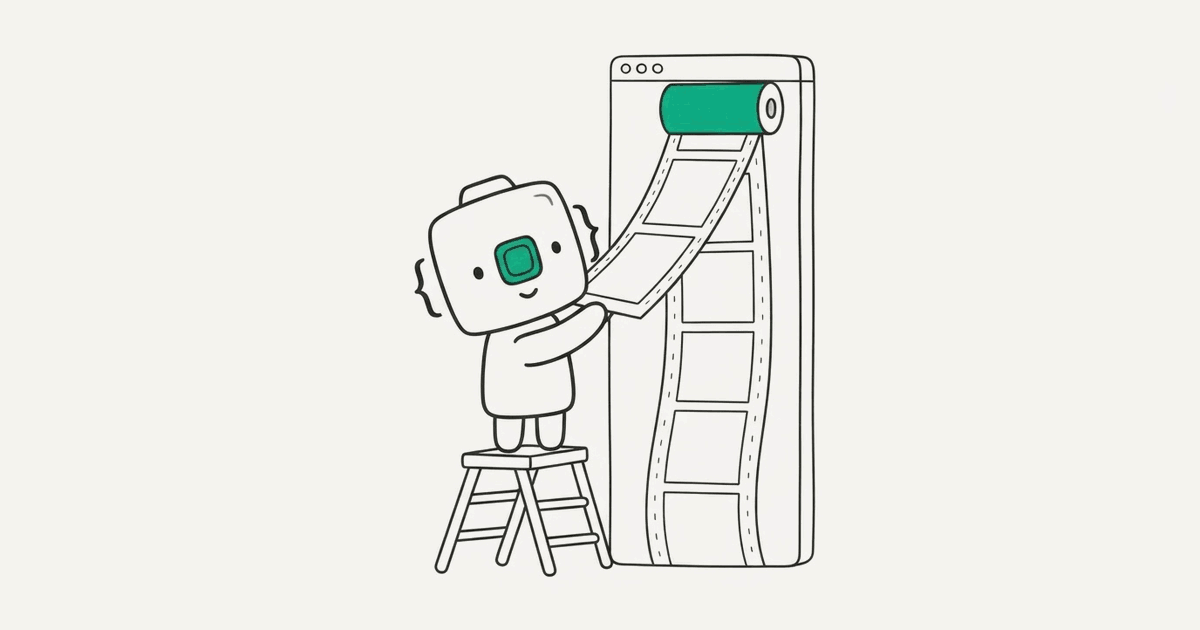 Line illustration of the RenderScreenshot mascot on a ladder capturing a very tall browser window