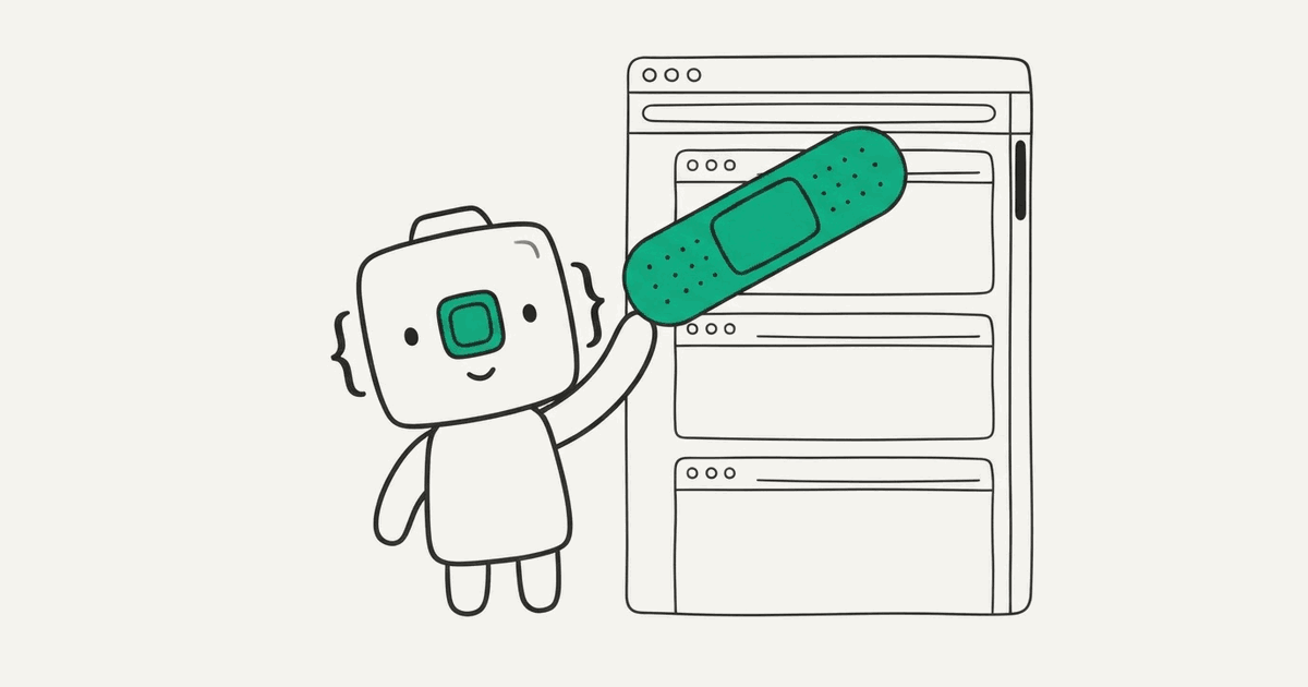 Line illustration of the RenderScreenshot mascot fixing a page where the header repeats several times