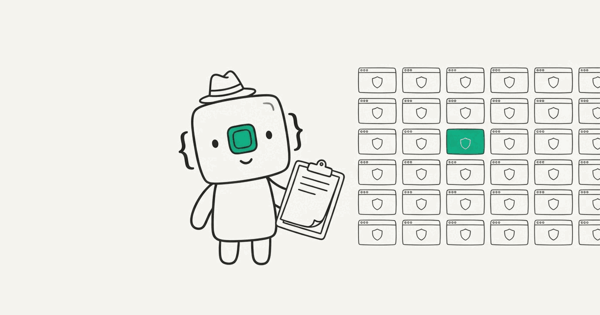Line illustration of the RenderScreenshot mascot with a clipboard studying a grid of small browser windows