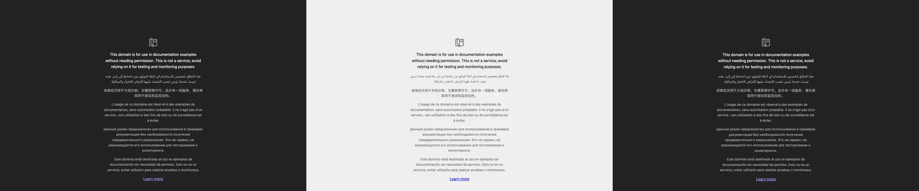 Three screenshots of example.com side by side. Left, new headless Chrome: dark background. Middle, headless shell: light grey background. Right, headful Chrome: dark background. Text and layout are otherwise the same.