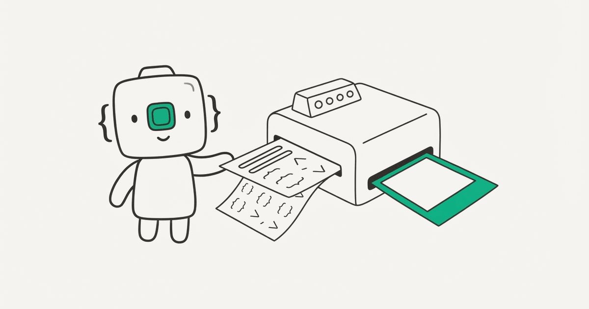 Line illustration of the RenderScreenshot mascot feeding code into a machine that outputs a picture