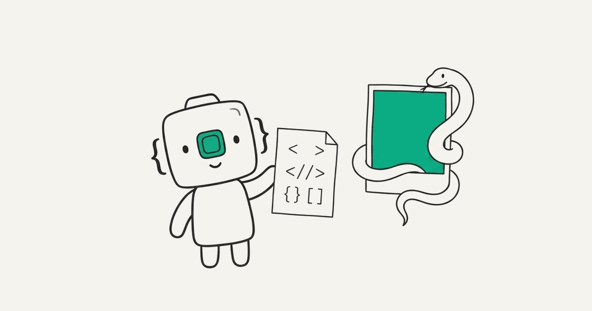 Line illustration of the RenderScreenshot mascot with a coiled snake and a picture frame made from code