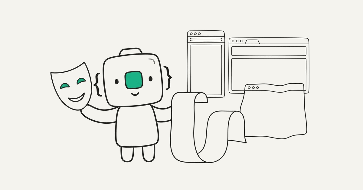 Line illustration of the RenderScreenshot mascot holding a theatre mask and a long page beside three browsers