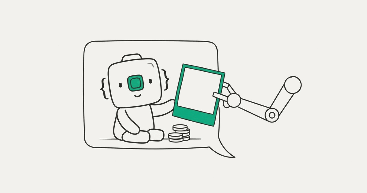 Line illustration of the RenderScreenshot mascot passing a snapshot to a robot arm inside a chat bubble