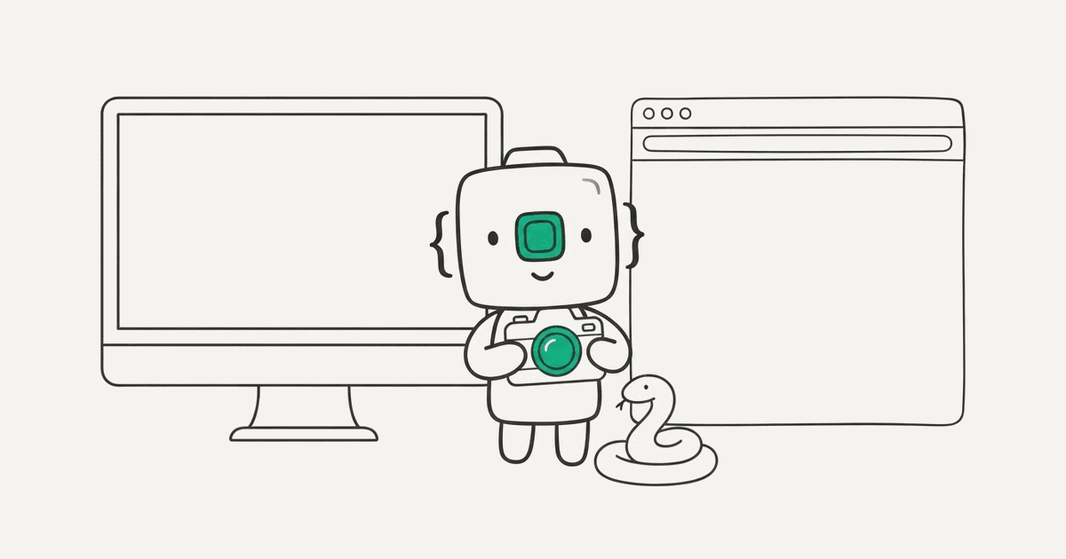 Line illustration of the RenderScreenshot mascot between a desktop monitor and a browser with a snake at its feet