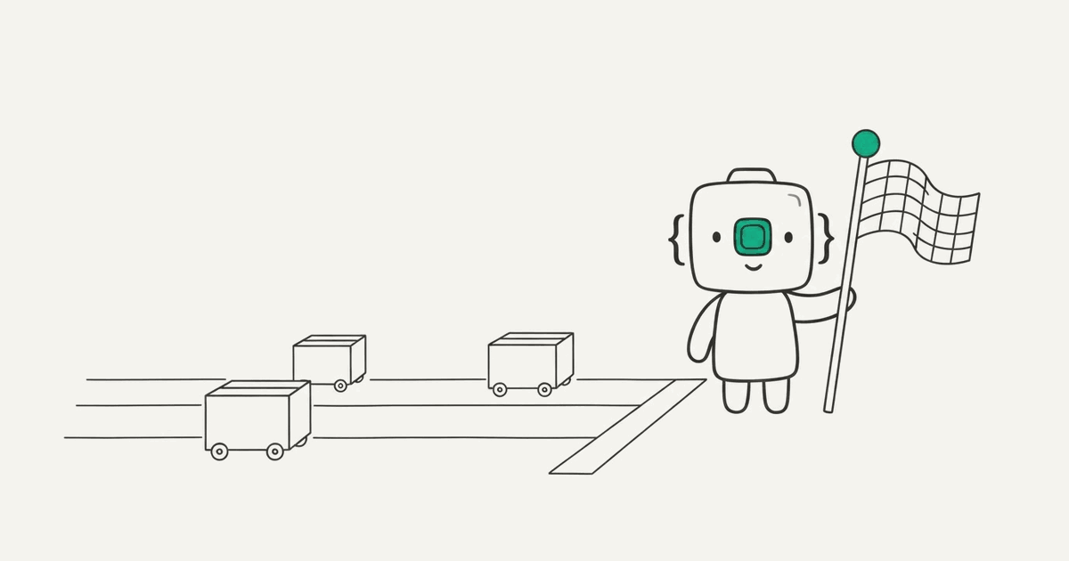 Line illustration of the RenderScreenshot mascot at a finish line as three boxes race