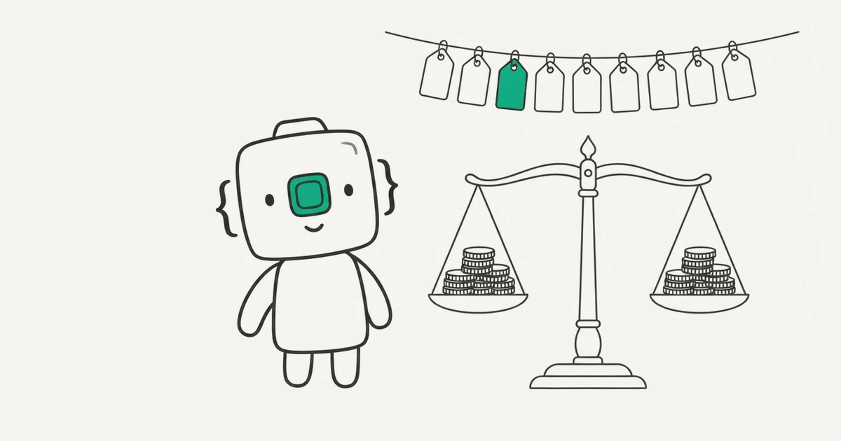 Line illustration of the RenderScreenshot mascot comparing price tags and a scale of coins