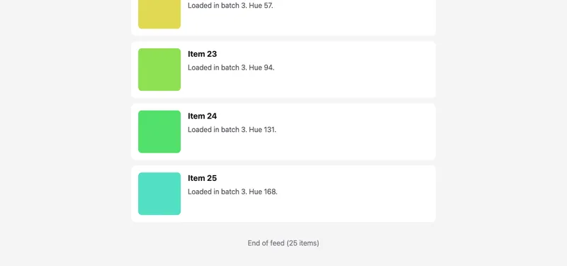 Bottom of the capture of a feed that ends after 25 items, showing the end-of-feed message