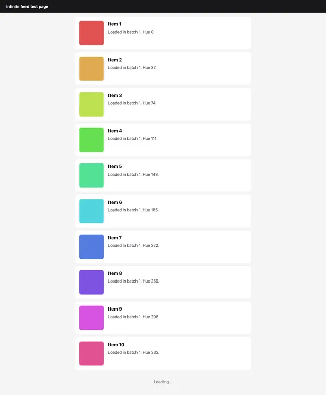 A full-page capture of the infinite feed test page that contains only the first ten cards and ends after 1,553 pixels