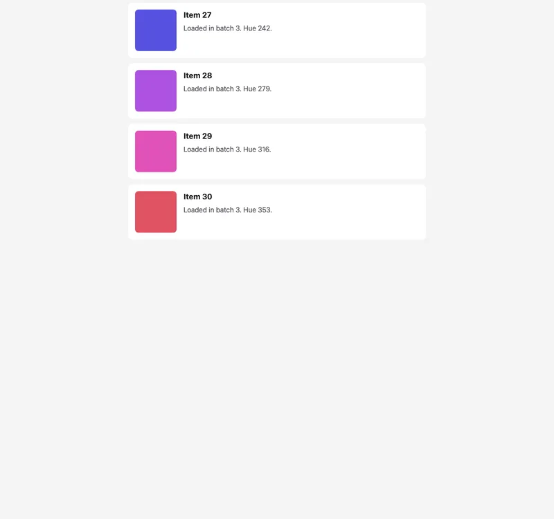 Full-page capture of the virtualized feed: items 27 to 30 are drawn and the area under them is empty grey background