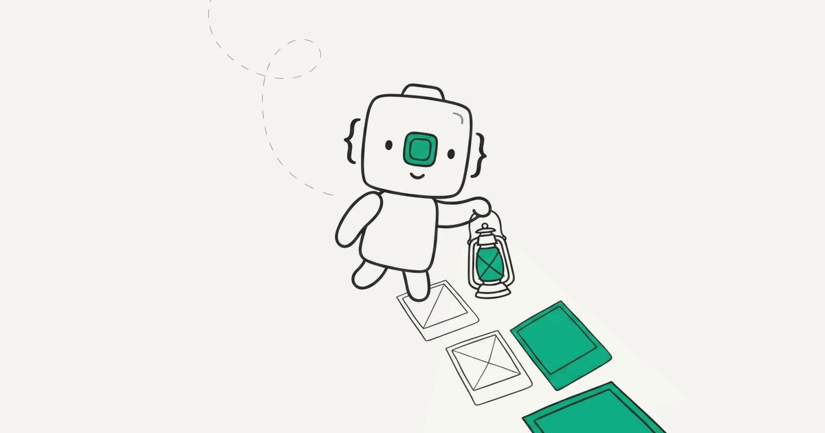 Line illustration of the RenderScreenshot mascot with a lantern lighting up images down a tall page