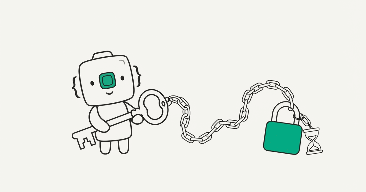 Line illustration of the RenderScreenshot mascot holding a key next to a chain with a padlock and an hourglass