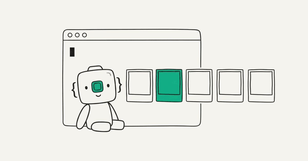 Line illustration of the RenderScreenshot mascot at a terminal that produces a row of snapshots