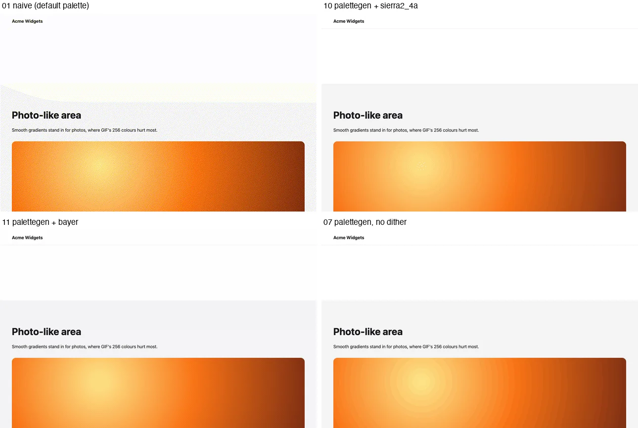 Four frames of the same moment in the scroll: the generic-palette GIF has a speckled background and a noisy gradient, sierra and bayer dithering look smooth, and no dithering shows visible rings in the gradient