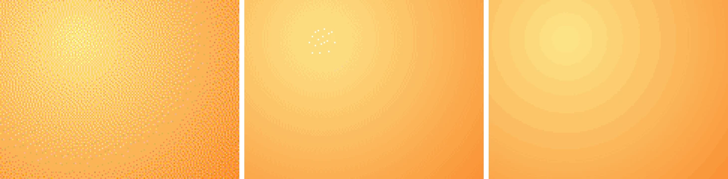 Three-times zoom of the orange gradient: generic palette with coarse noise, palettegen with sierra dithering that is smooth with a few stray white pixels, and no dithering with clear concentric bands