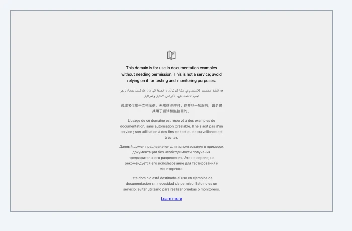 A grey page with a framed thumbnail of the example.com page inside it. The thumbnail is drawn from a data URI, so the outer page made no network request for it.