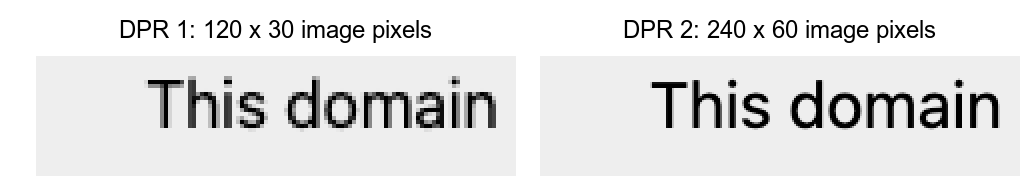 Two zoomed crops of the words This domain. The left crop, at DPR 1, is 120 by 30 image pixels and the letter edges are visibly stepped. The right crop, at DPR 2, is 240 by 60 image pixels and the letters are smooth.