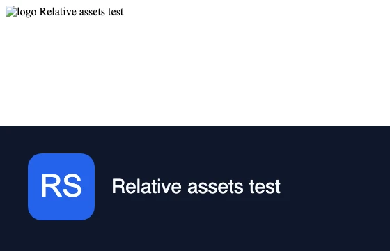 Two renders of the same HTML. Top: white background, a broken image icon with the alt text logo, and unstyled serif text. Bottom: the same card styled on a dark navy background with a blue RS logo and white sans-serif text.