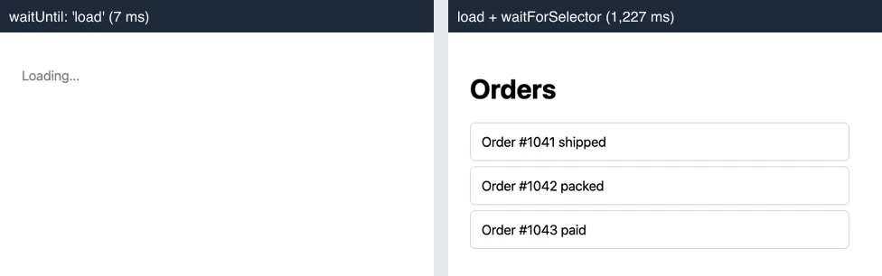 Two captures of the same orders page. Left, taken when load fired after 7 ms, shows only the text Loading. Right, taken after waiting for the first order card, shows the Orders heading and three order cards.