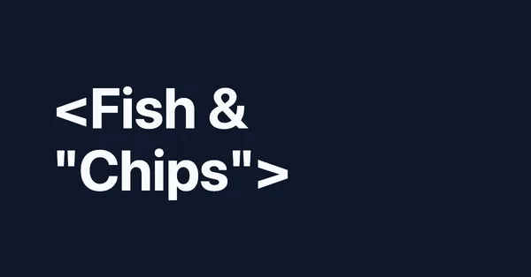 A dark blue 1200 by 628 card whose title shows angle brackets, an ampersand and double quotes as plain text, which proves the title was escaped and not parsed as HTML