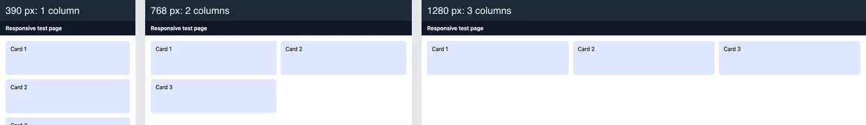 The same page at three widths, shown at the same scale. At 390 pixels the cards stack in one column. At 768 pixels they form two columns. At 1280 pixels they sit in one row of three columns.