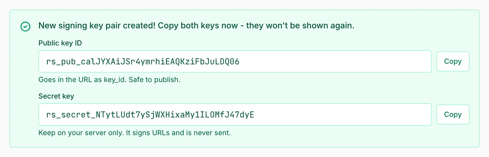 The notice after creating a signing pair, with the rs_pub_ key ID and the rs_secret_ signing key