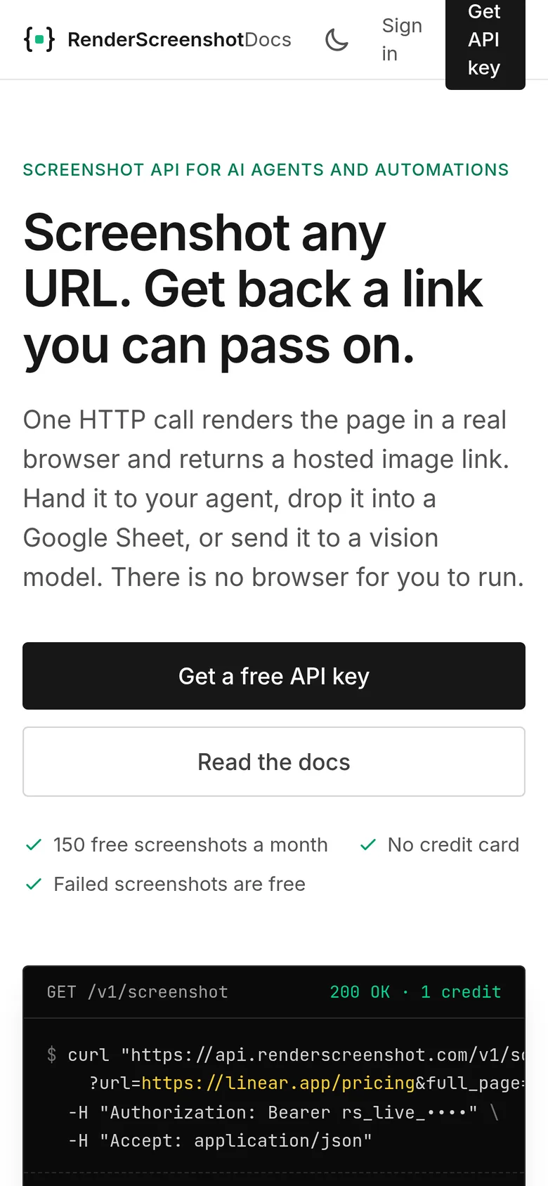 The RenderScreenshot home page captured with the mobile preset, as an iPhone shows it