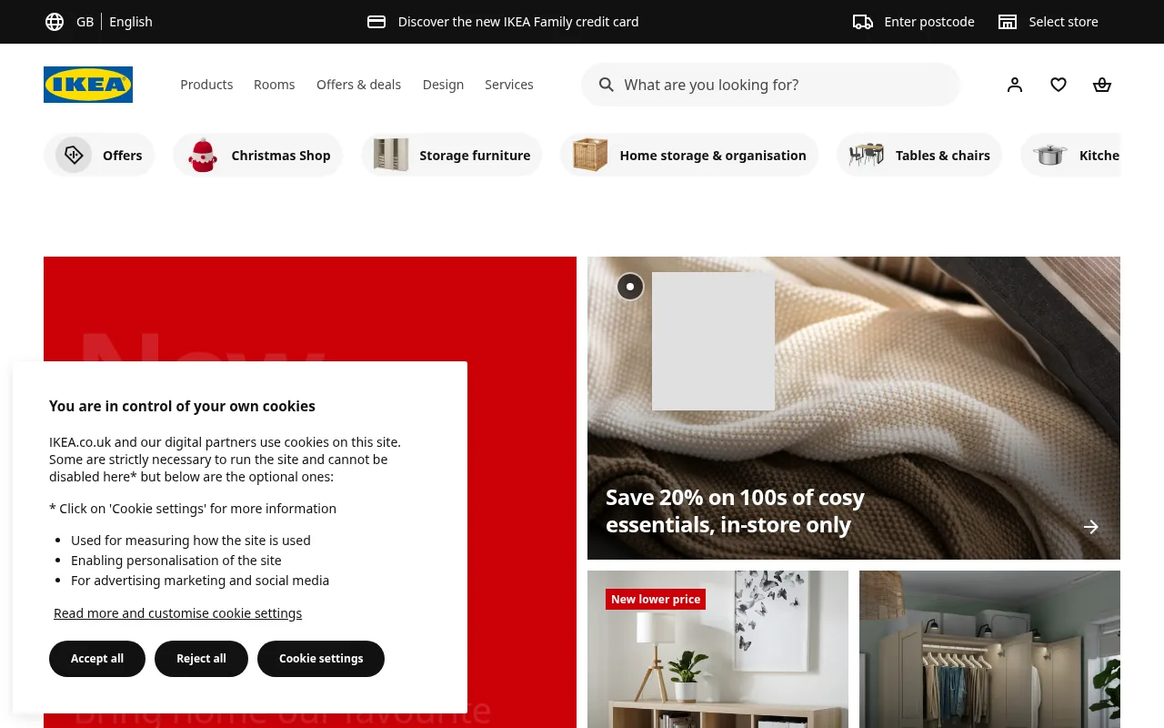 IKEA home page with the cookie consent panel over the content