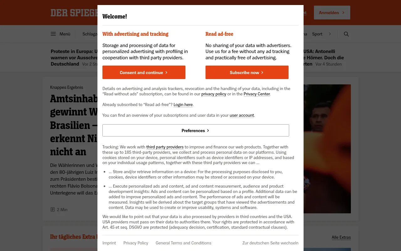 Spiegel home page covered by its consent screen