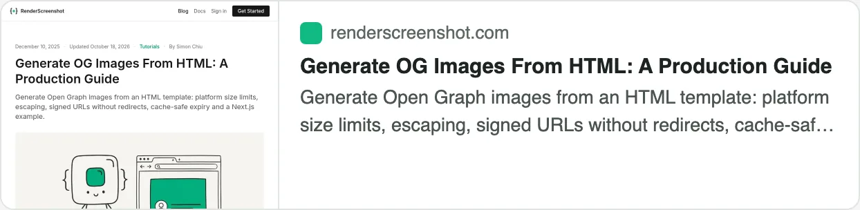 A link preview card with an 800×600 thumbnail of the page, the page title, the description and the site icon