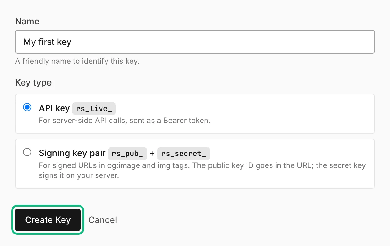 The Create API Key form with the name My first key and the API key type selected