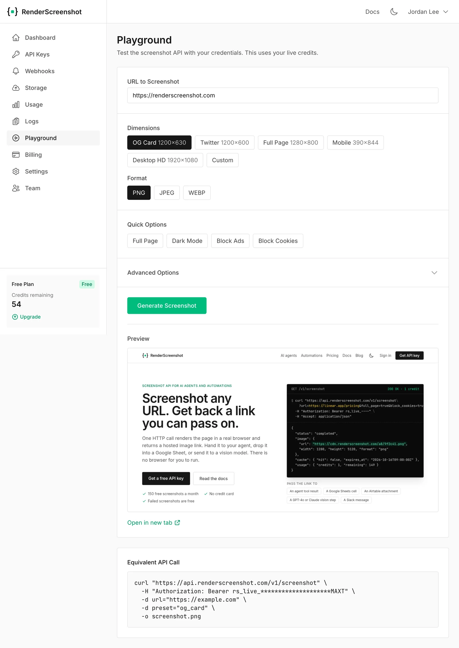 The Playground page with a URL entered, the OG Card preset selected and a preview of the screenshot