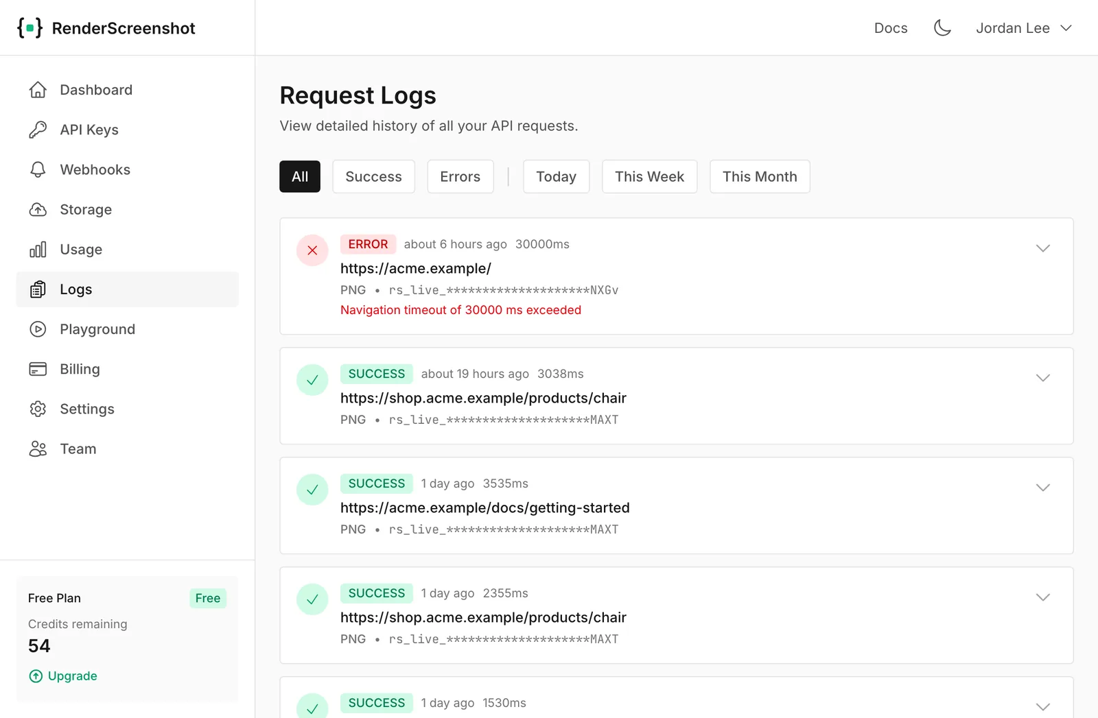 The Request Logs page with successful requests and one failed request that timed out
